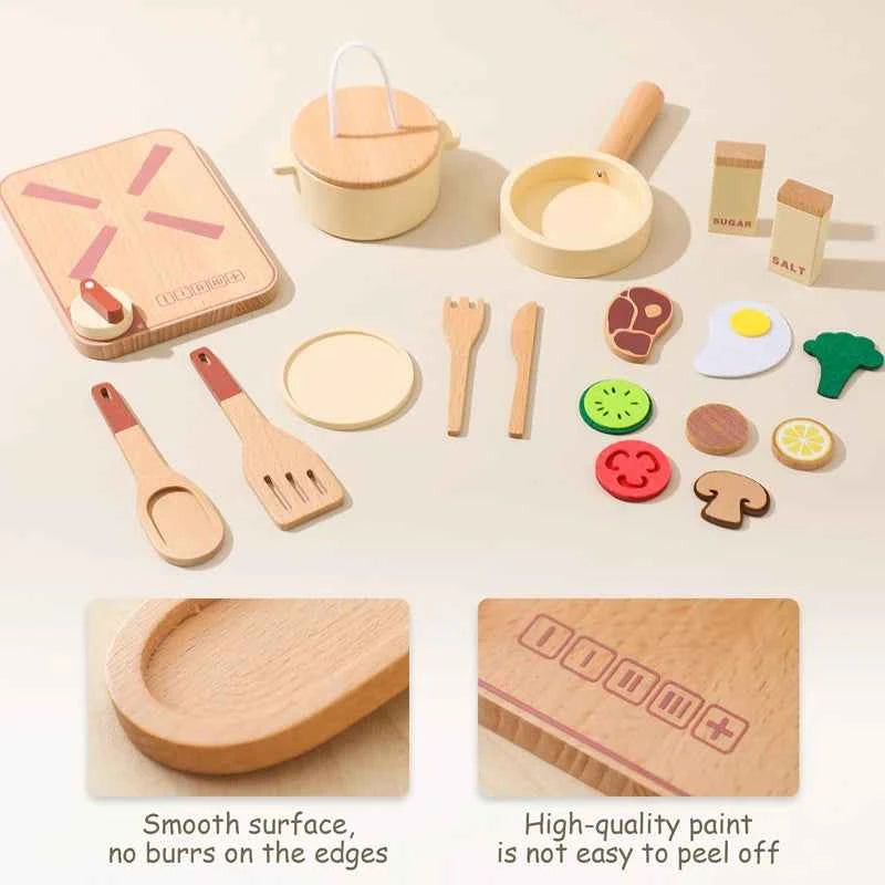 Colorful kid wooden kitchen toy set with utensils, food pieces, and cutting board for imaginative play