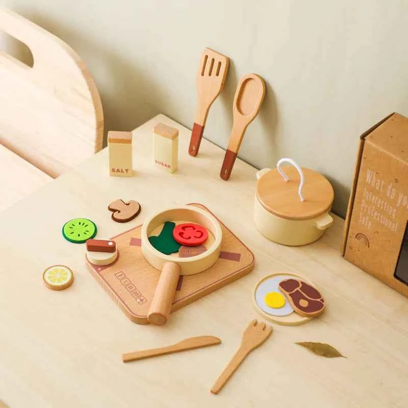 Kid wooden kitchen toy set featuring colorful food, utensils, and kitchen accessories for imaginative play