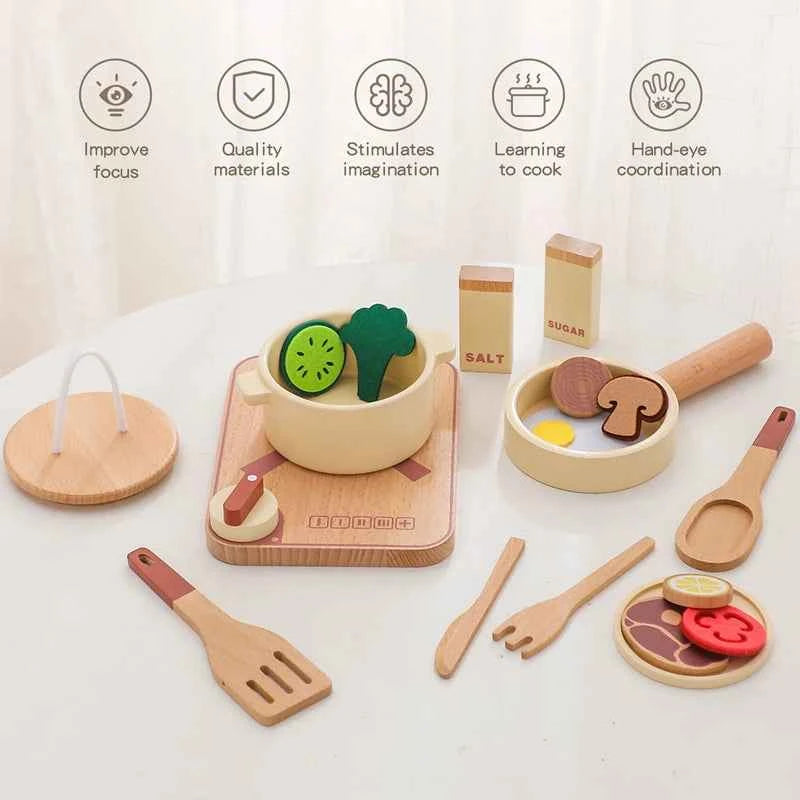 Kid wooden kitchen toy set featuring vegetable pieces, cooking utensils, and spice containers for imaginative play