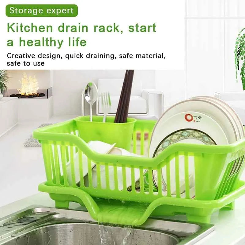 Kitchen drainage rack in green for efficient dish drying, safe material and creative design for modern kitchens