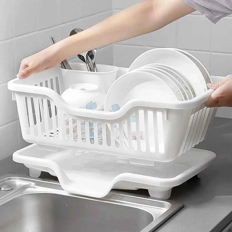 My Store kitchen drainage rack holding clean dishes for efficient drying on kitchen countertops