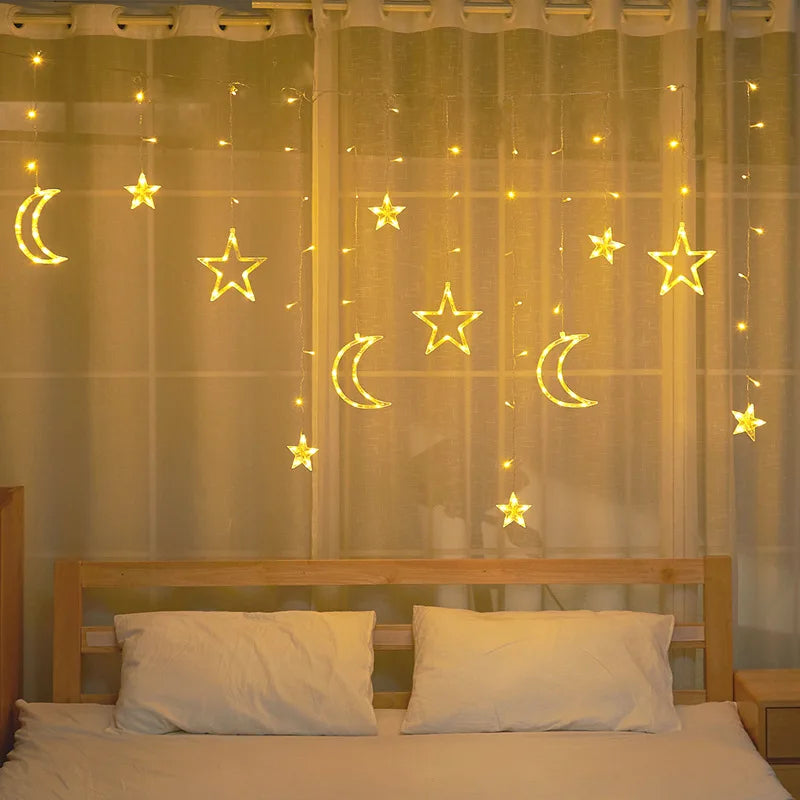 LED curtain lights EU plug with glowing stars and moons for enchanting home decor