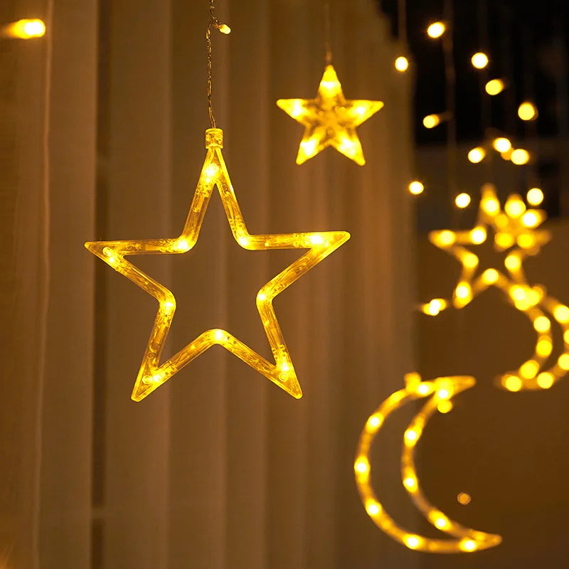 LED curtain lights EU plug featuring star and moon designs for enchanting decor