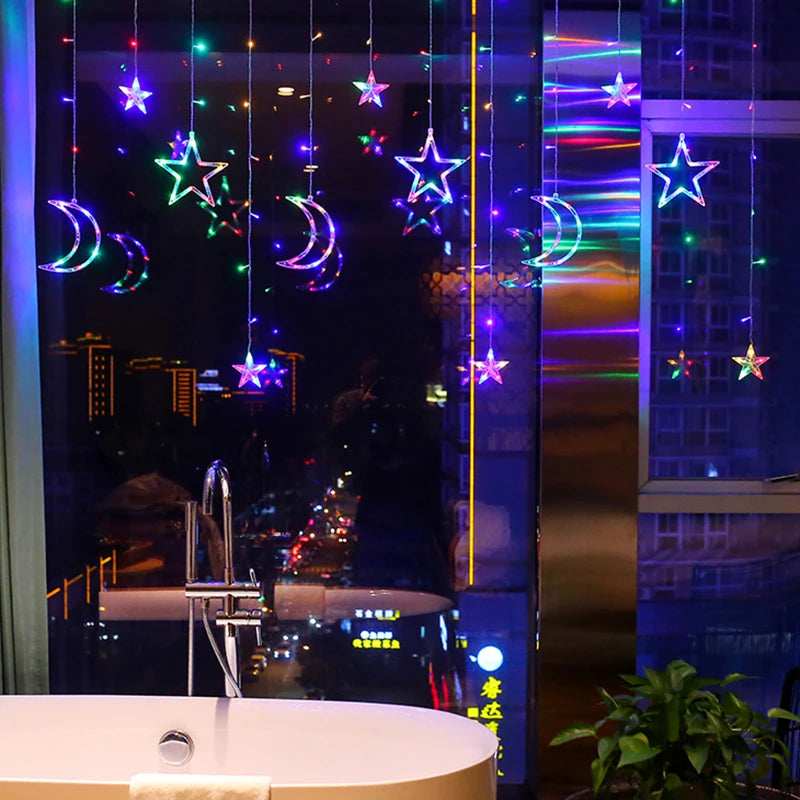Colorful LED curtain lights EU plug displaying stars and moons for festive home decoration