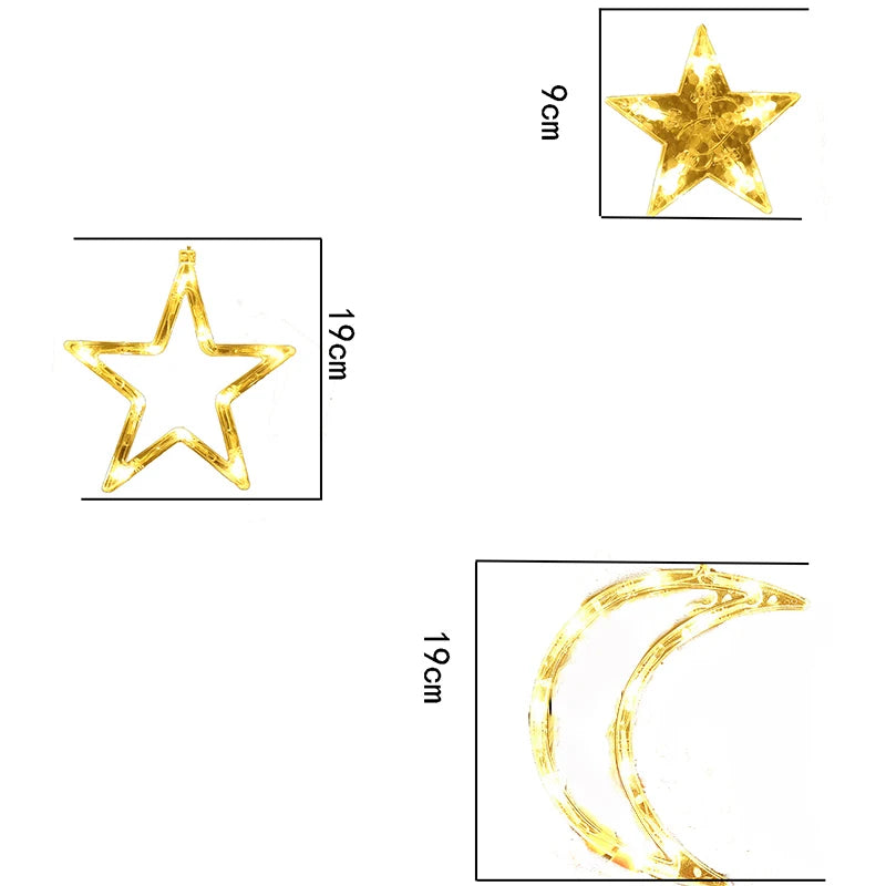Decorative LED curtain lights EU plug featuring star and crescent shapes in a warm yellow glow