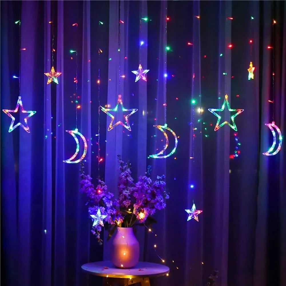Colorful LED curtain lights EU plug with stars and moons design, perfect for decoration