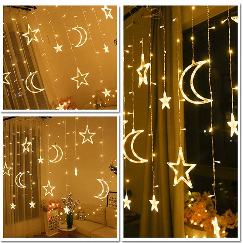 LED curtain lights EU plug with star and moon designs for decorative indoor lighting
