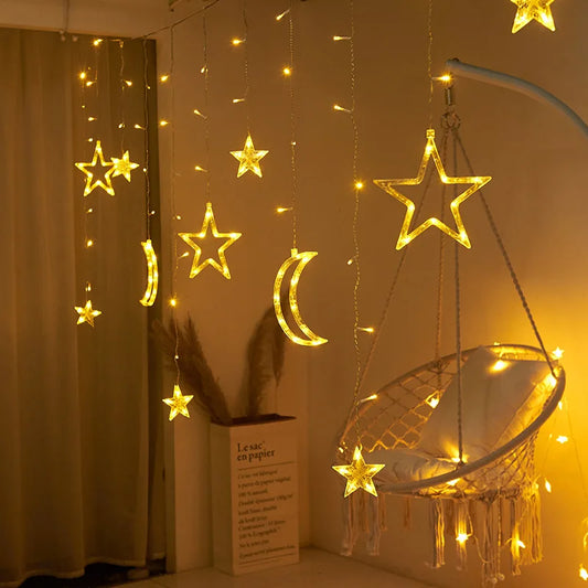 LED curtain lights EU plug with star and moon shapes, perfect for creating a cozy ambiance.