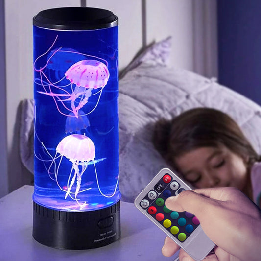 LED jellyfish lamp in a bedroom with colorful floating jellyfish and remote control for ambiance