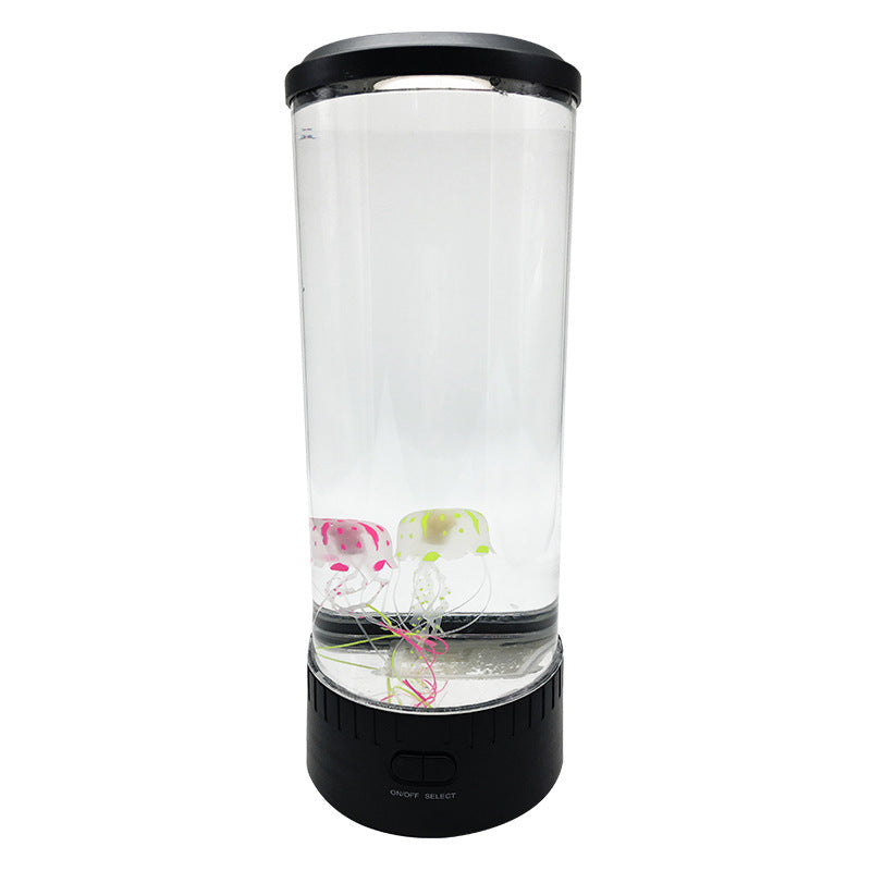 LED jellyfish night light in a transparent tank with colorful floating jellyfish for soothing ambiance