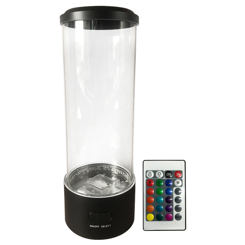 LED jellyfish night light in a clear cylindrical design with a remote control for color options