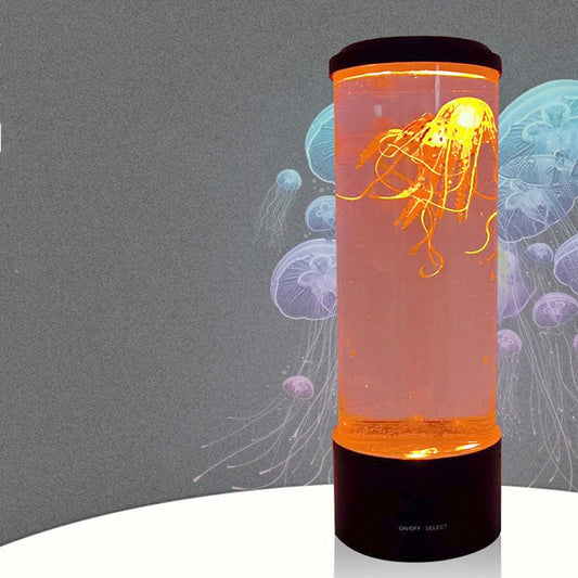 LED jellyfish night light in a cylindrical design with glowing jellyfish for calming ambiance