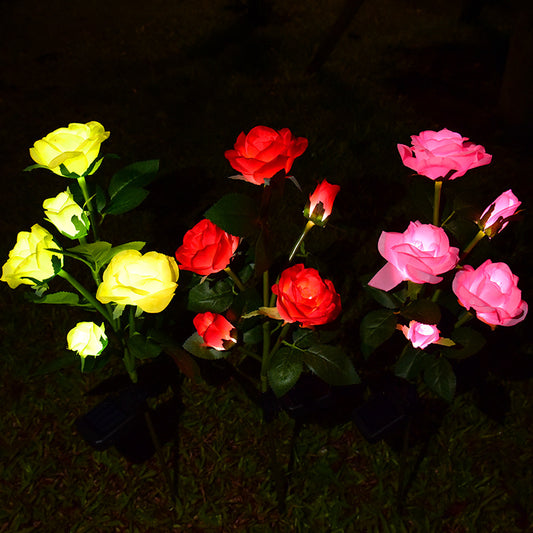 Colorful LED solar rose garden lamp set with yellow, red, and pink roses for outdoor decoration