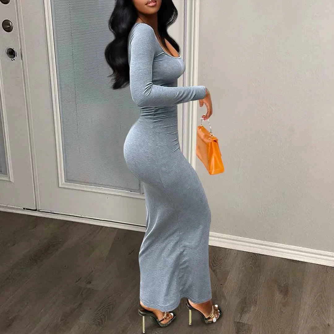 Gray Long Sleeve Sheath Dress with a Fitted Silhouette, Perfect for Casual Outings or Dressy Events