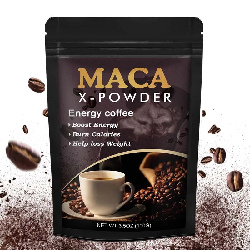 Maca root energy coffee powder in black pouch with coffee cup and beans for energy boost