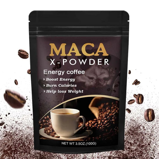 Maca root energy coffee powder in black pouch with coffee cup and beans for energy boost