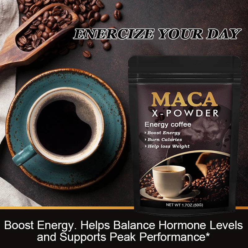 Maca root energy coffee in a cup with coffee beans, promoting energy and weight loss benefits