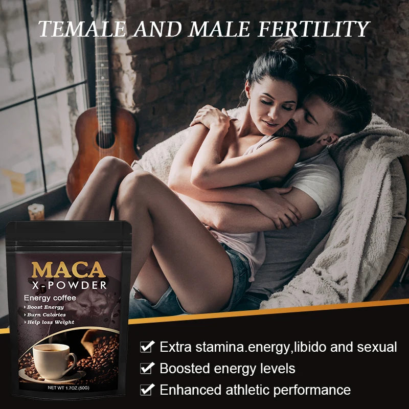 Maca root energy coffee package highlighting benefits like boosted energy and enhanced athletic performance
