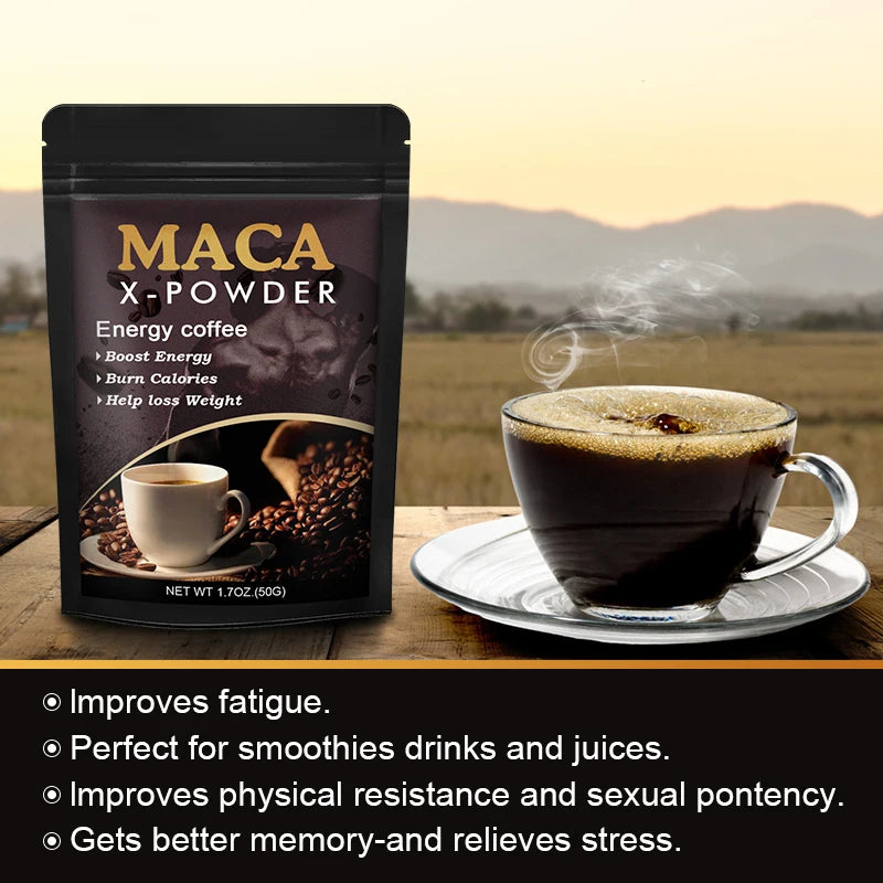 Maca root energy coffee in a cup with a scenic background, promoting energy boost and weight loss