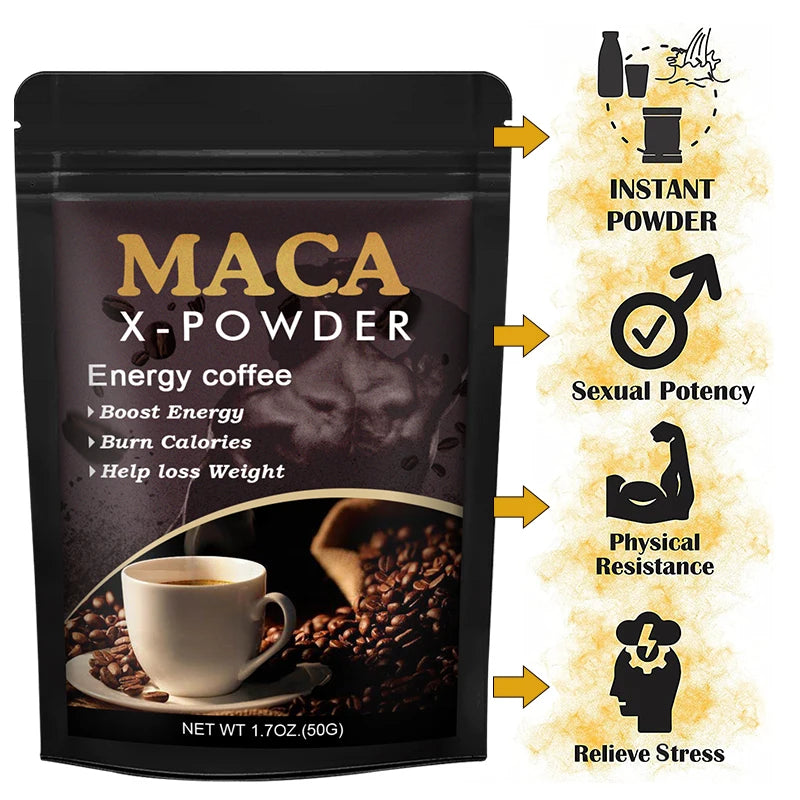 Maca root energy coffee powder in a black pouch with benefits listed for health and wellness