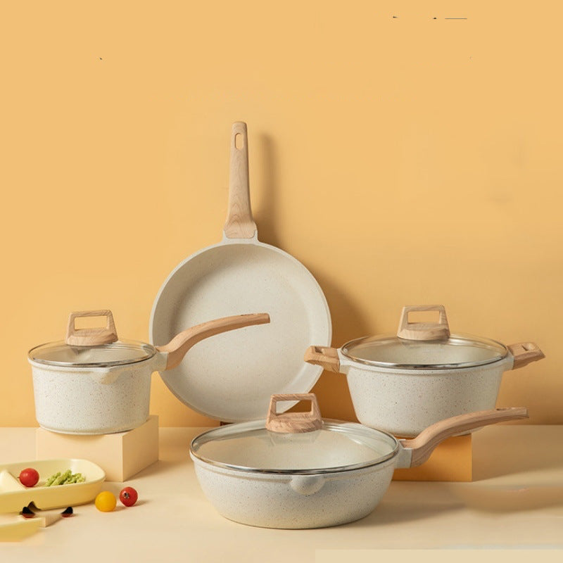 eprolo medical stone non-stick cookware set with three pots and one frying pan in a light color