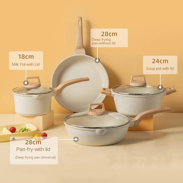 Medical stone non-stick cookware set featuring frying pan, soup pot, and milk pot with lids and ergonomic handles