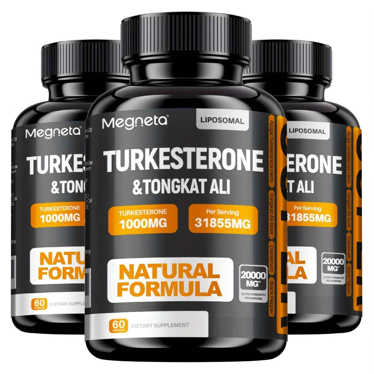 Three bottles of Megneta Turkesterone Supplement for Men with 1000mg per serving and natural formula