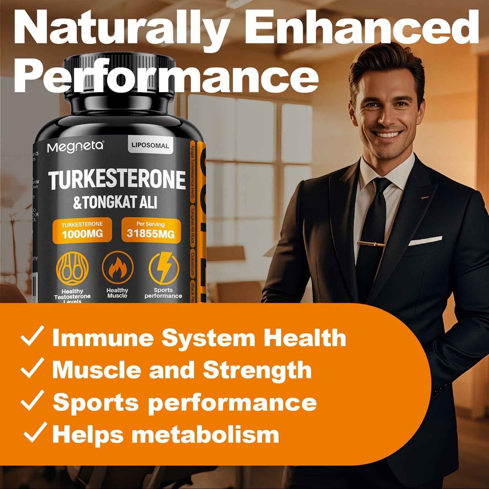 Turkesterone Tongkat Ali supplement bottle showcasing benefits for muscle strength and performance