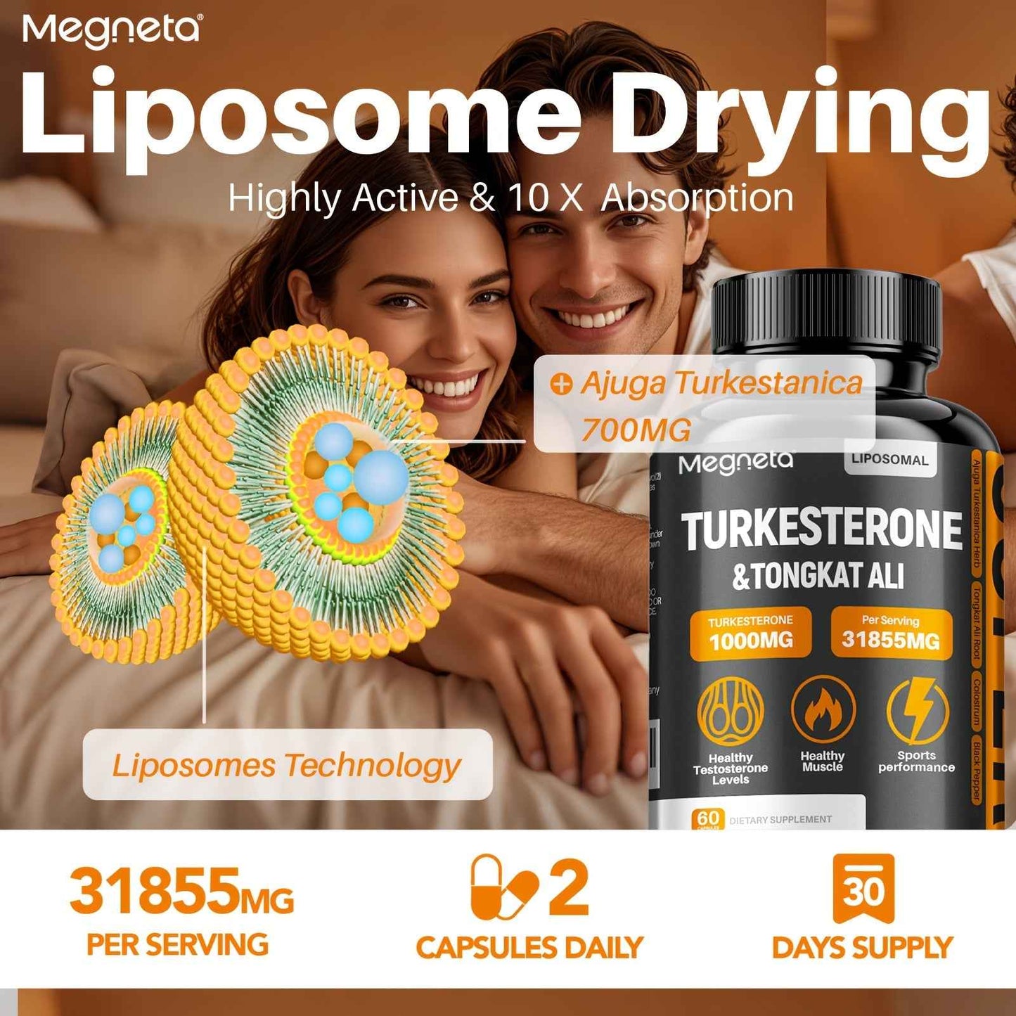 Megneta Turkesterone Tongkat Ali supplement bottle with liposome technology for enhanced absorption