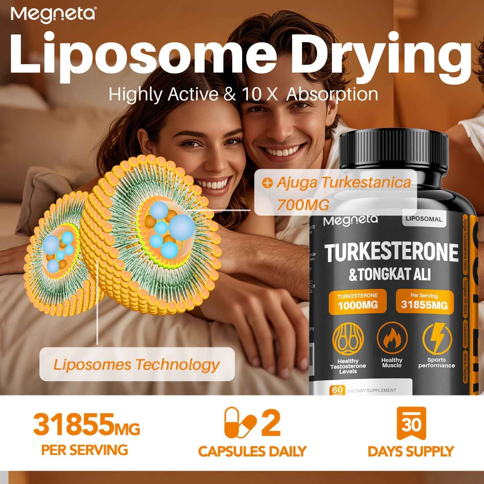 Megneta Turkesterone Tongkat Ali supplement bottle with liposome technology for enhanced absorption