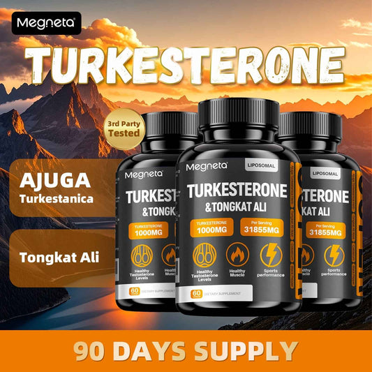 Turkesterone Tongkat Ali supplement bottles with 90 days supply for enhanced athletic performance