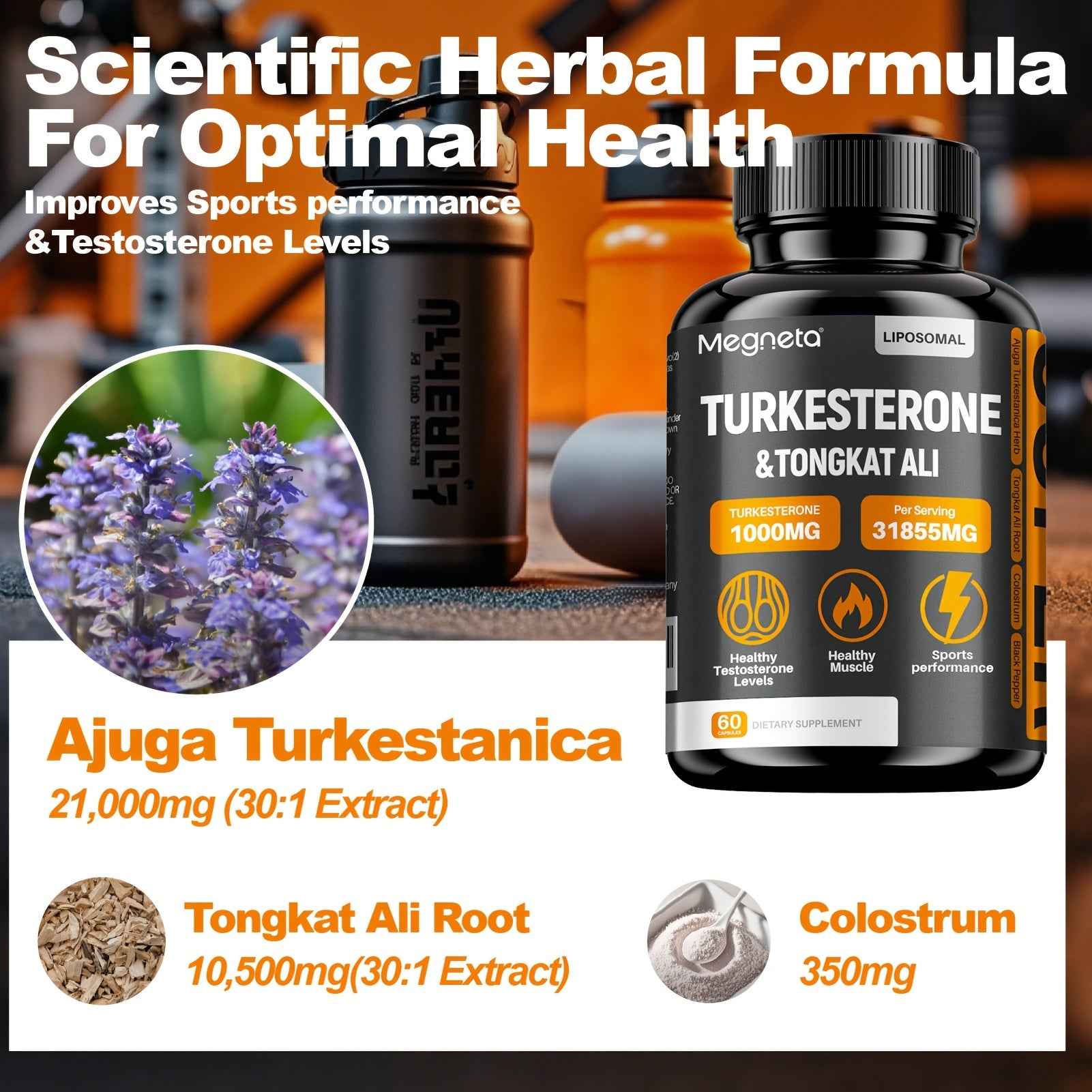 Turkesterone Tongkat Ali supplement bottle with herbal ingredients for improved testosterone levels