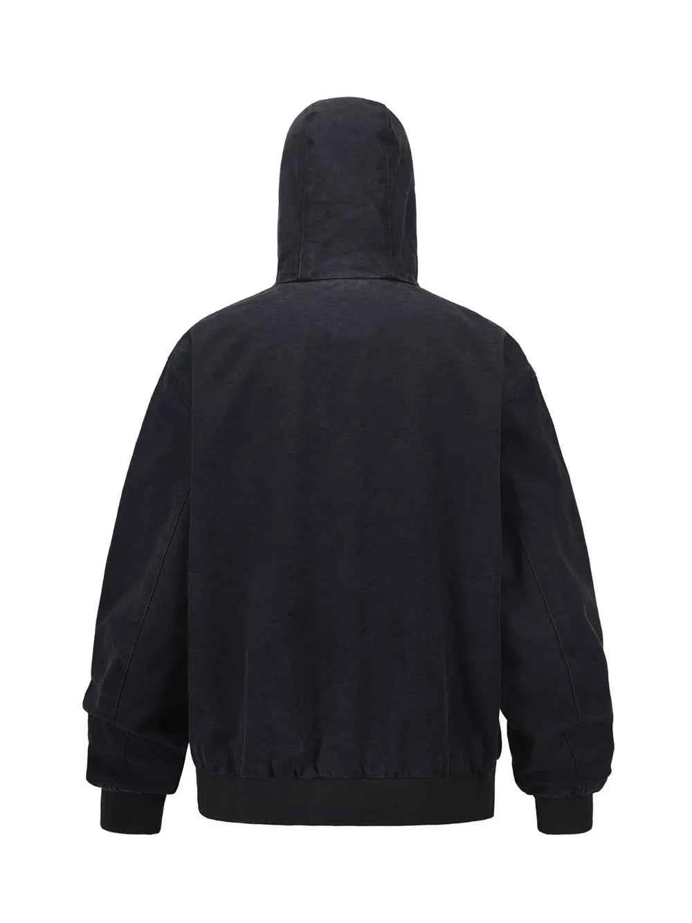 Back view of a black men's washed hooded jacket featuring a relaxed fit and drawstring hood