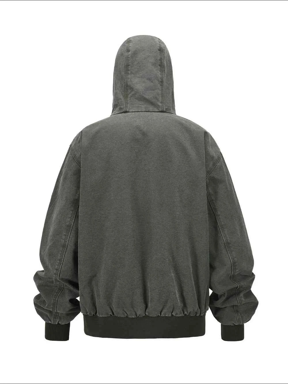 Back view of men's washed hooded jacket in dark green with a relaxed fit and elastic waistband