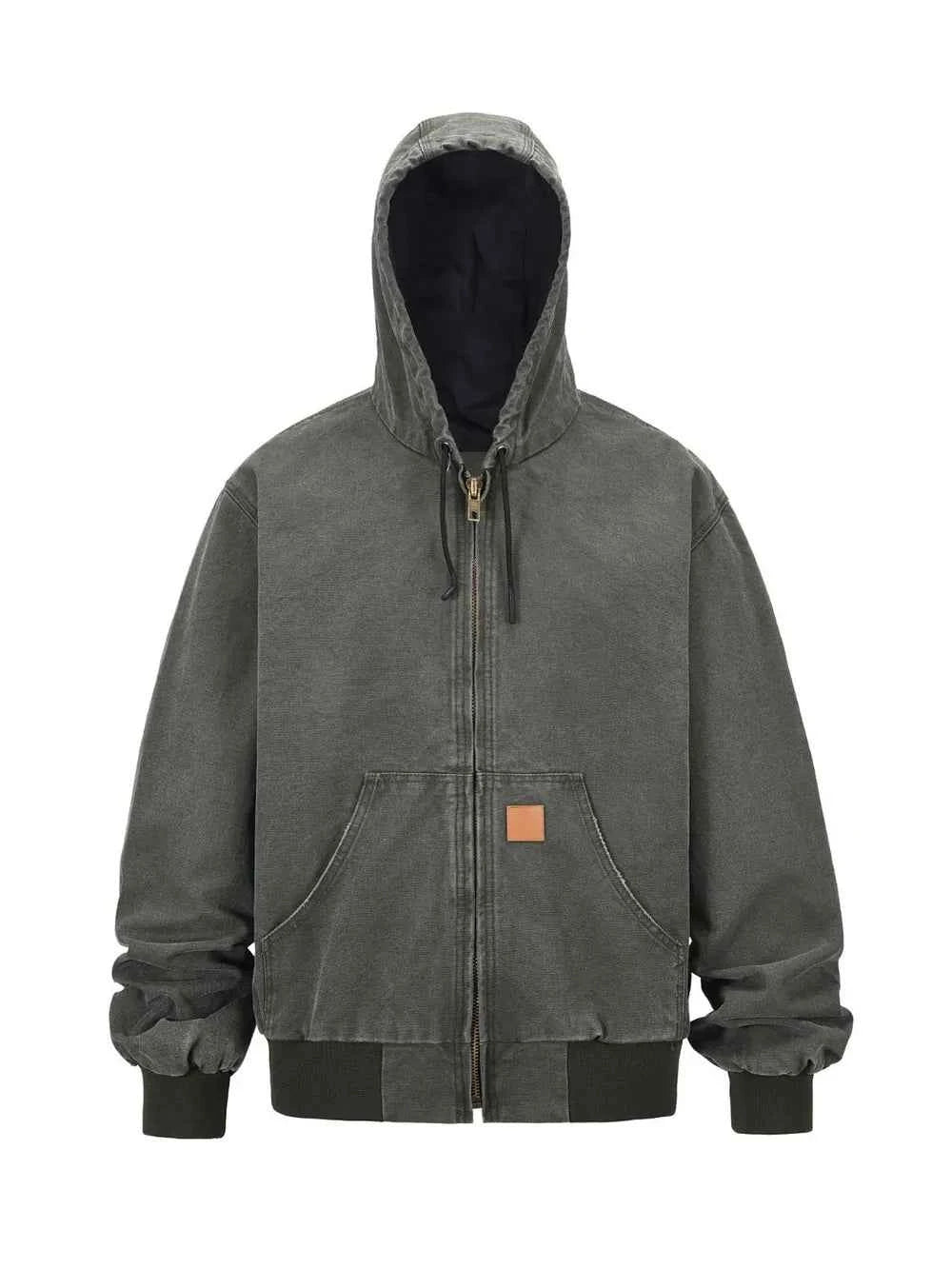 Men's washed hooded jacket in olive green with a front zipper and drawstring hood