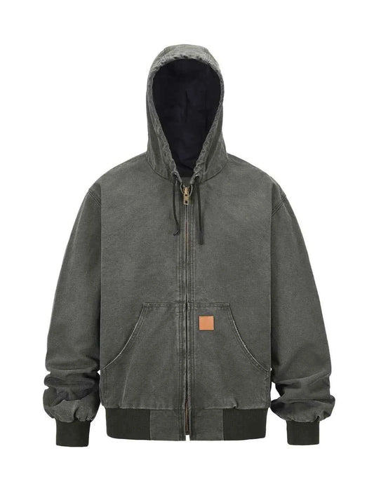 Men's washed hooded jacket in olive green with a front zipper and drawstring hood
