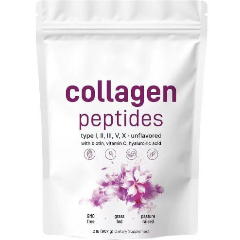 Collagen peptides powder, type I, II, III, V, X unflavored with biotin, vitamin C, and hyaluronic acid