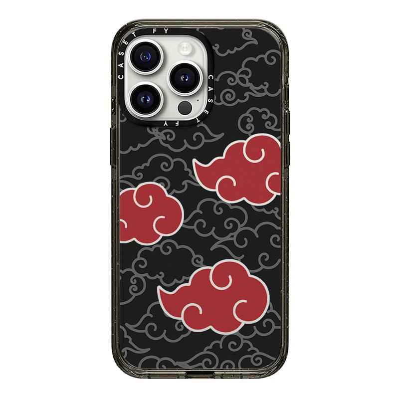 Anime-inspired Naruto iPhone case featuring red cloud designs on a black background