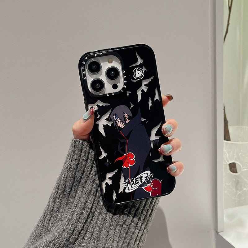 Naruto iPhone case featuring Itachi Uchiha design with a black background and red accents