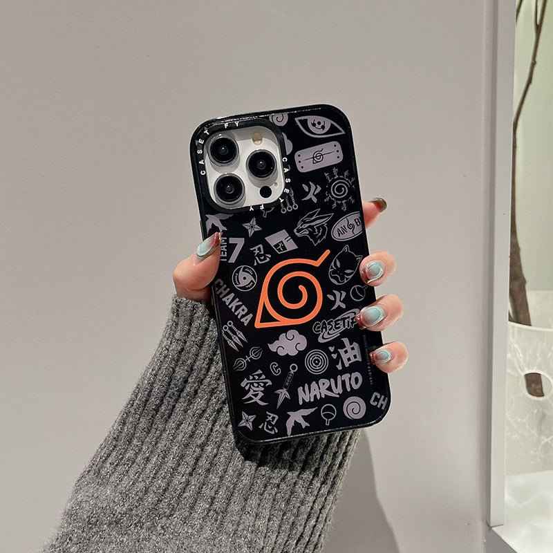 Naruto iPhone case featuring a black design with iconic symbols and characters from the Naruto series