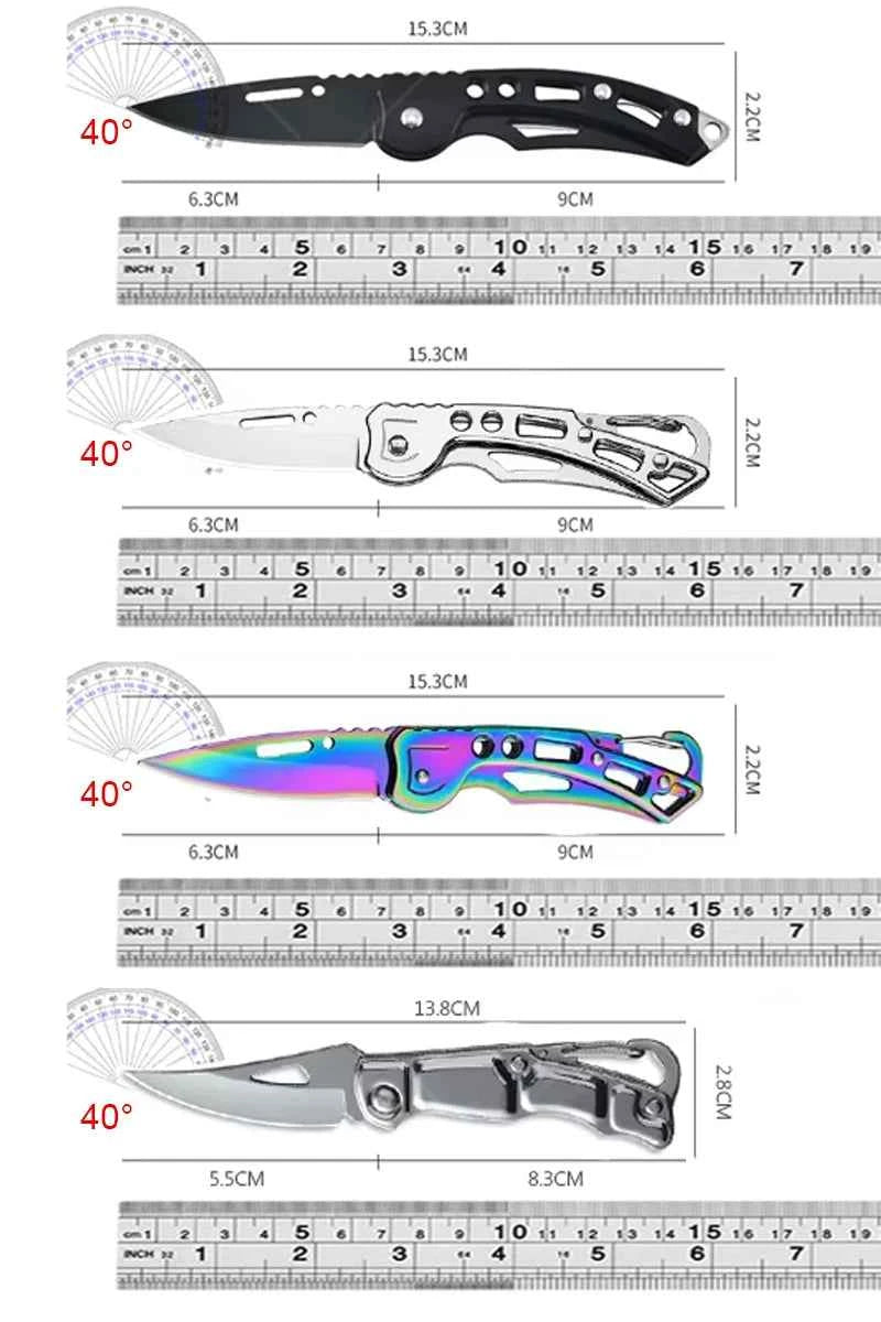 Set of four non-slip handle peeling knives in various styles with measuring rulers for size reference