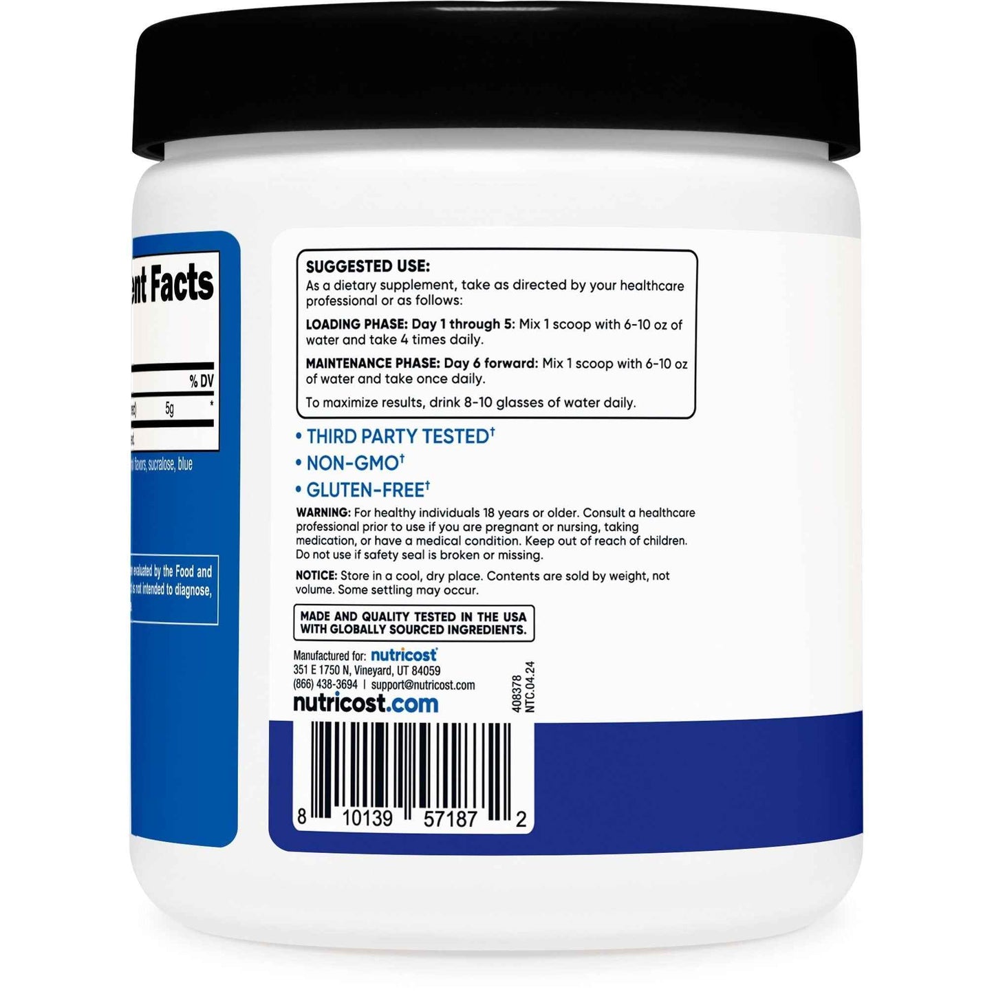 My Store blue raspberry creatine powder container with suggested use and nutritional information