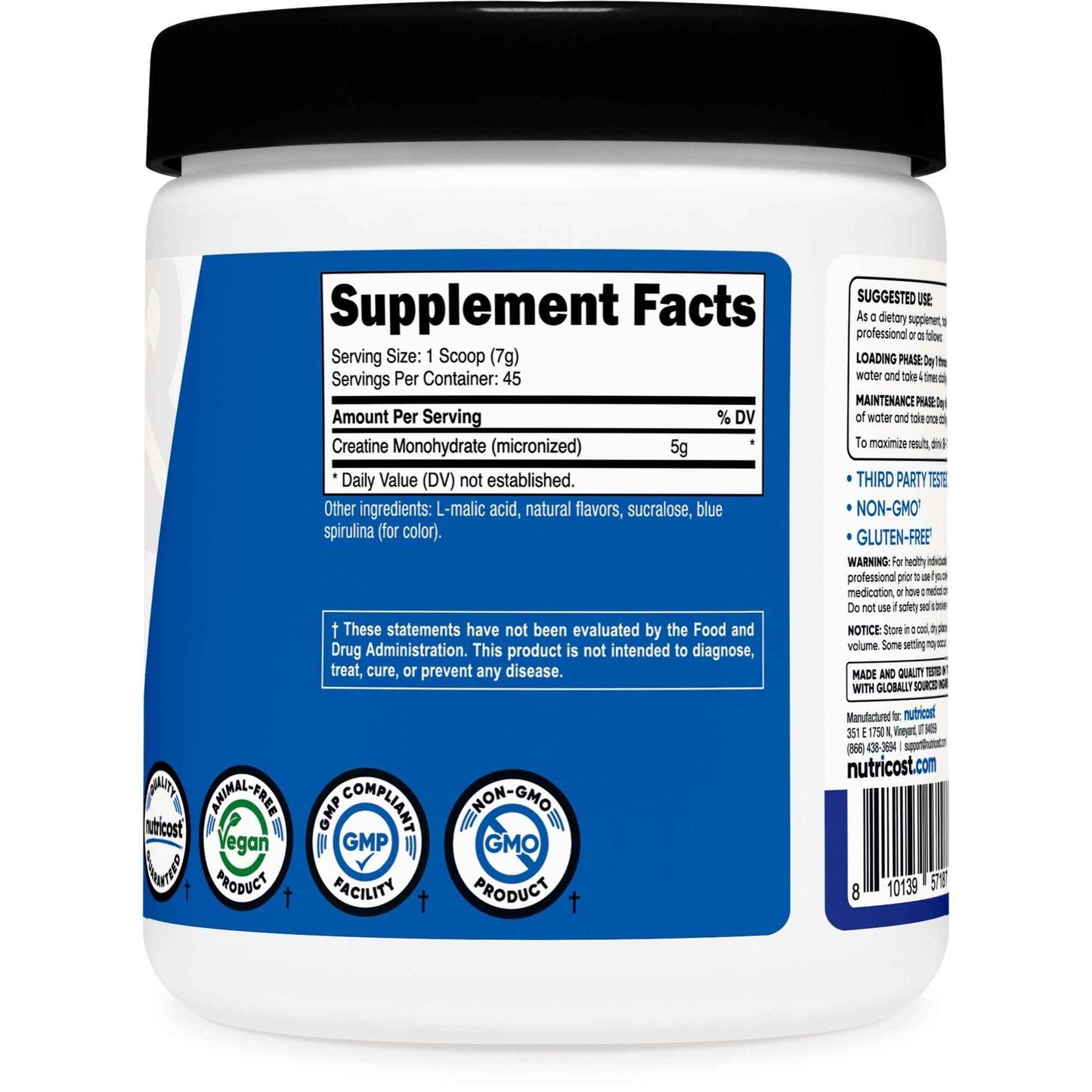 My Store blue raspberry creatine powder with serving facts and dietary information on the label