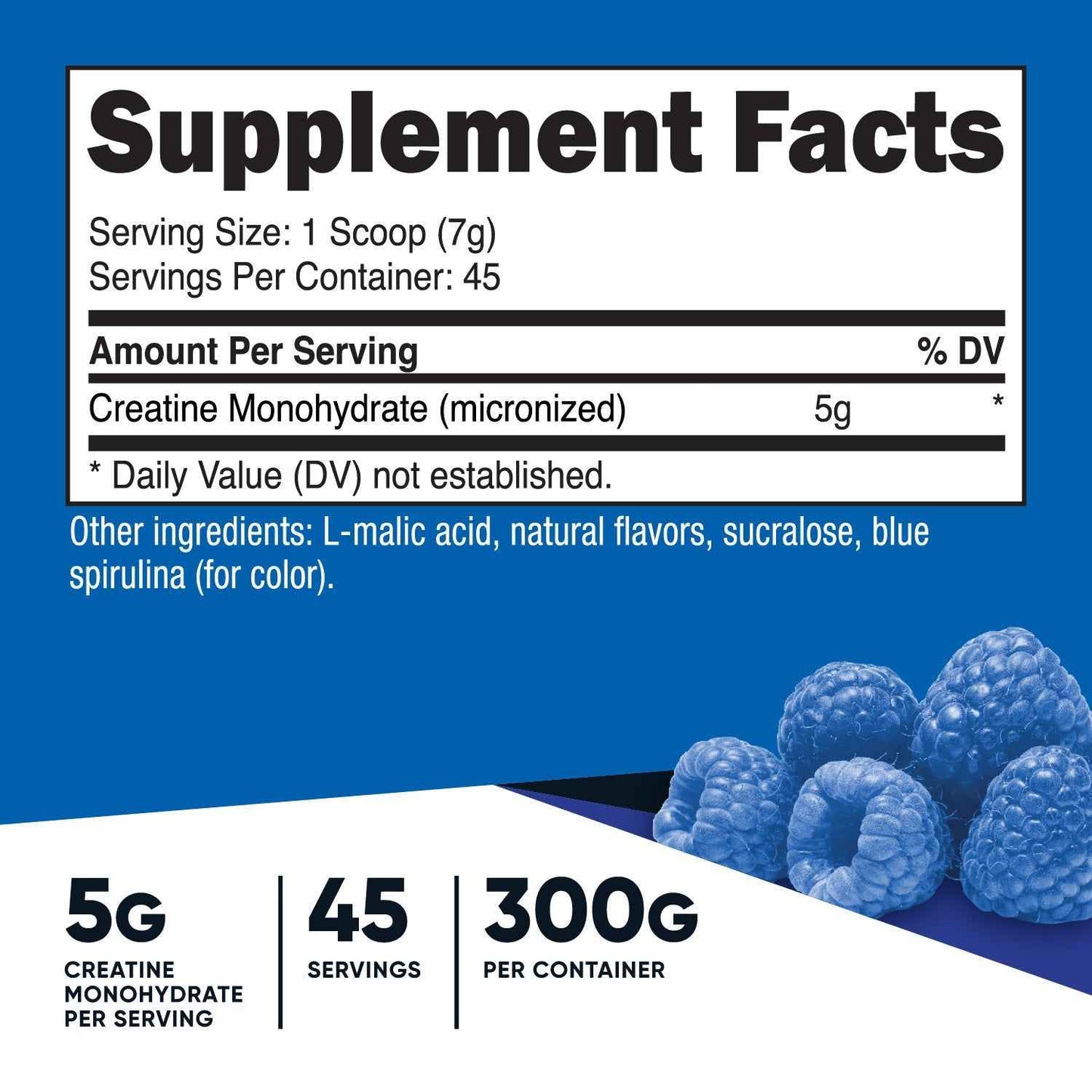 Blue Raspberry Creatine Powder label with serving details and ingredient information for fitness enthusiasts