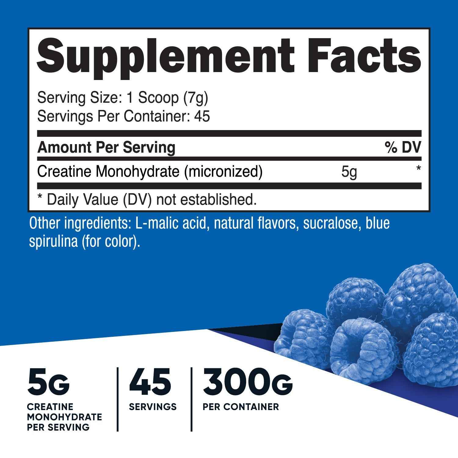 Blue Raspberry Creatine Powder label with serving details and ingredient information for fitness enthusiasts