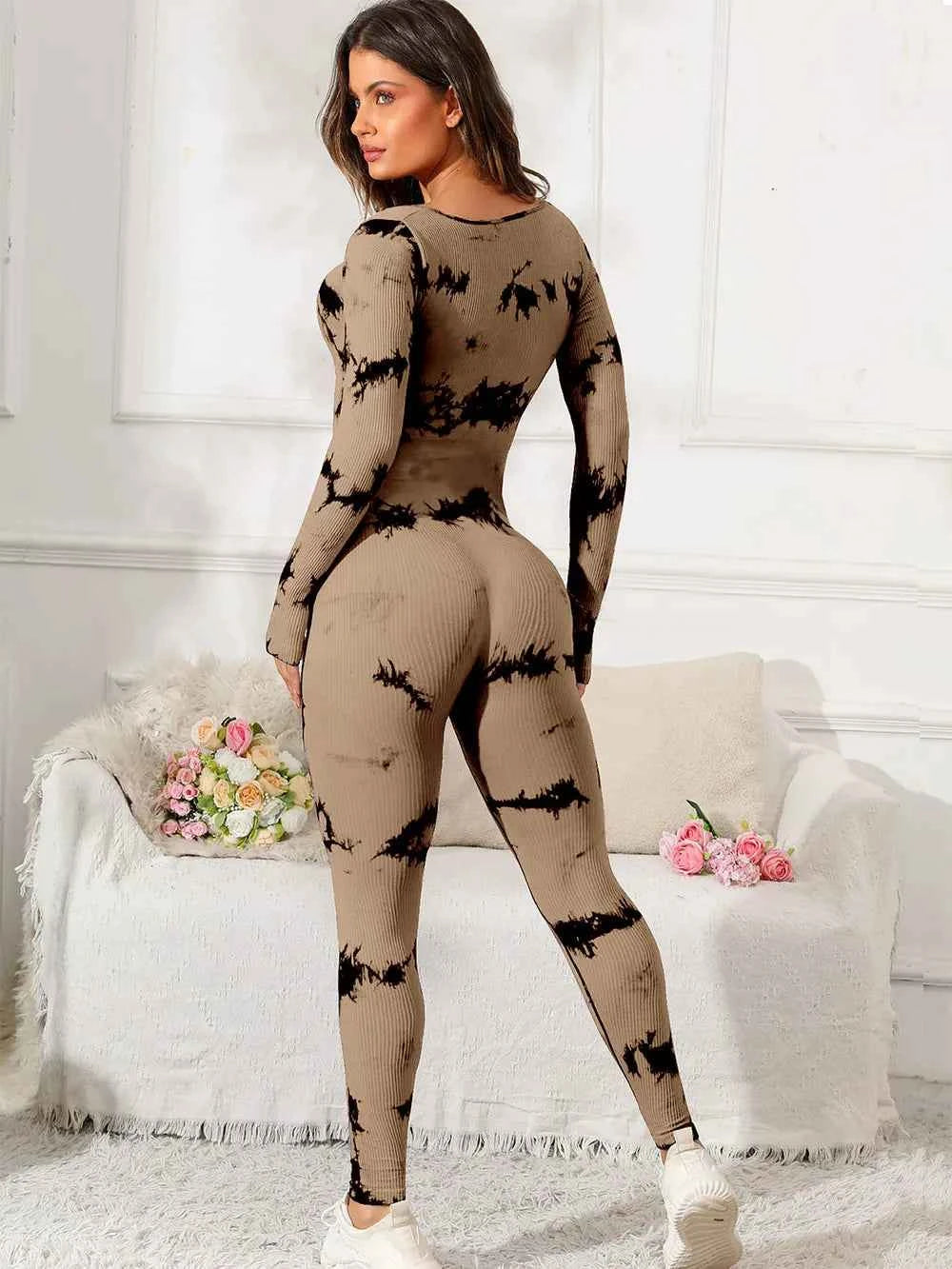 Trendsi premium fitness jumpsuit in beige tie-dye design ideal for workouts and activewear