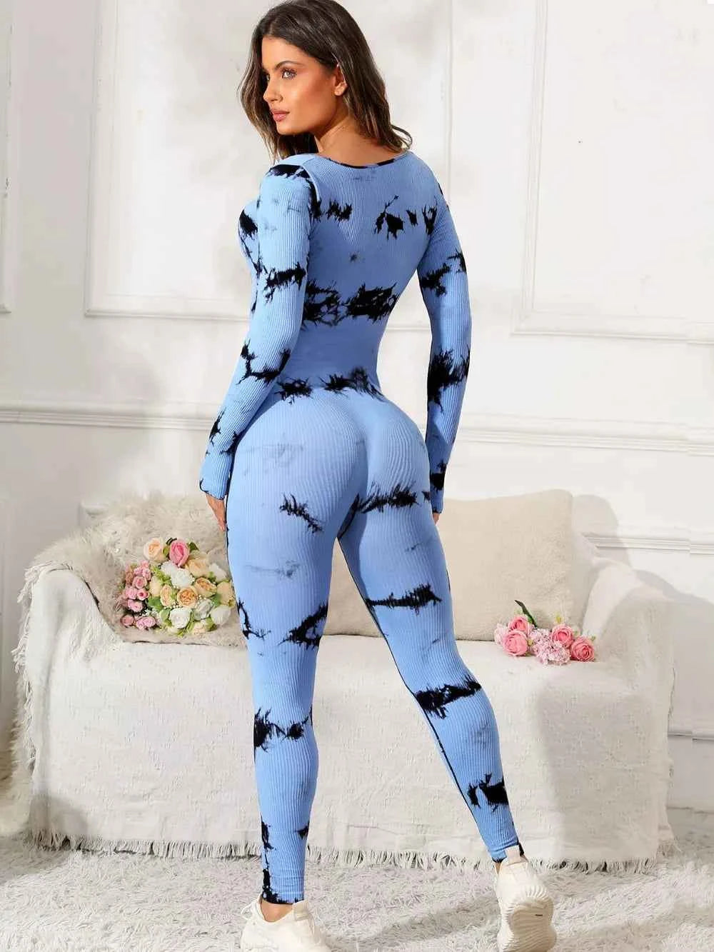 Trendsi Premium Fitness Jumpsuit in Blue and Black Tie-Dye Design for Comfortable Workouts
