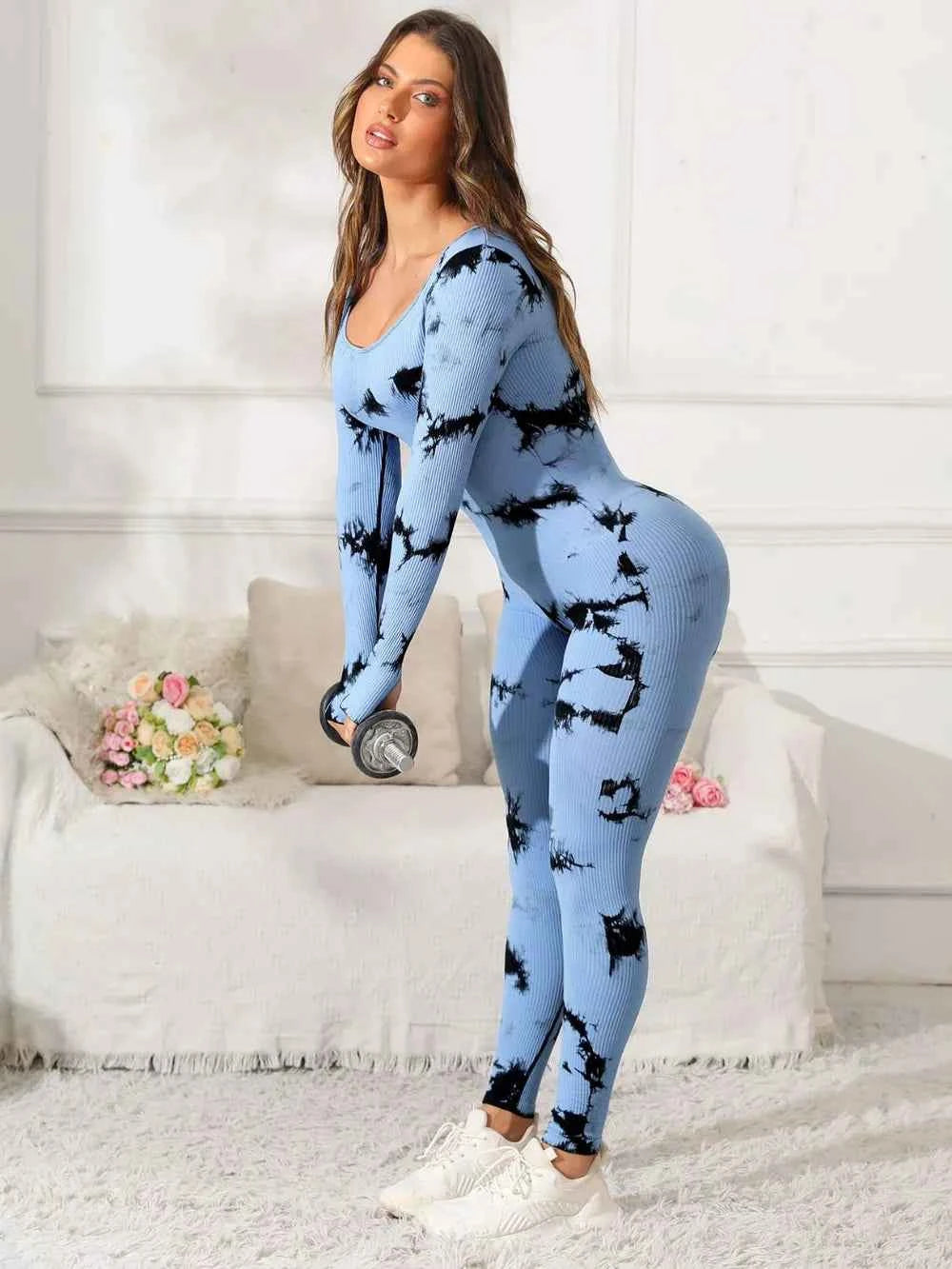 Trendsi premium fitness jumpsuit in blue tie-dye pattern, perfect for workouts and active wear