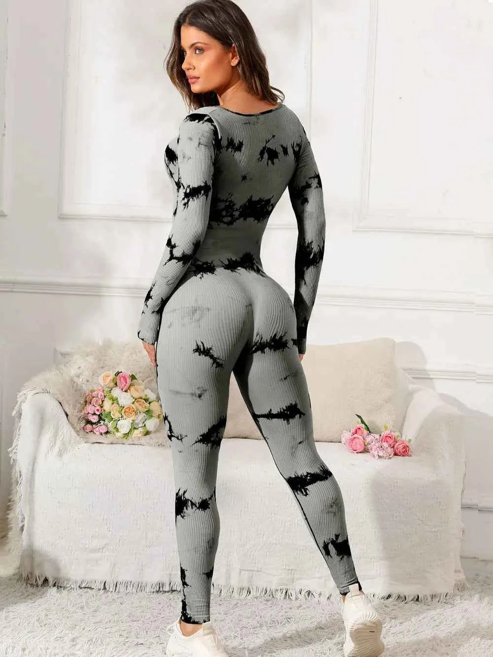 Trendsi premium fitness jumpsuit in gray with black tie-dye pattern for workouts and yoga classes