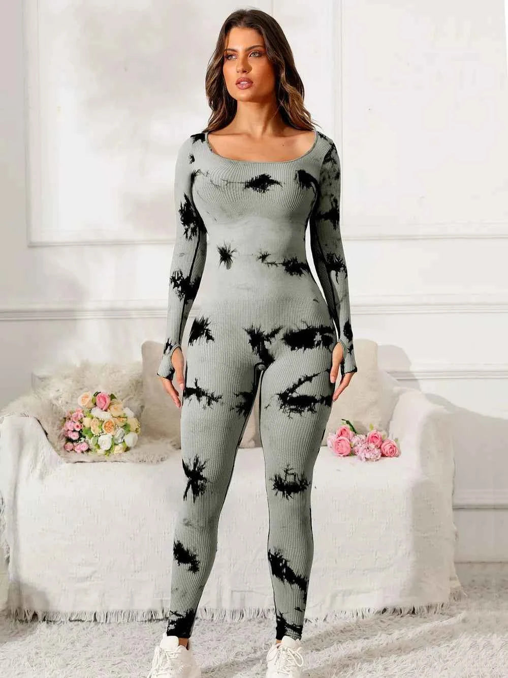 Trendsi premium fitness jumpsuit in gray with black tie-dye pattern for stylish workouts